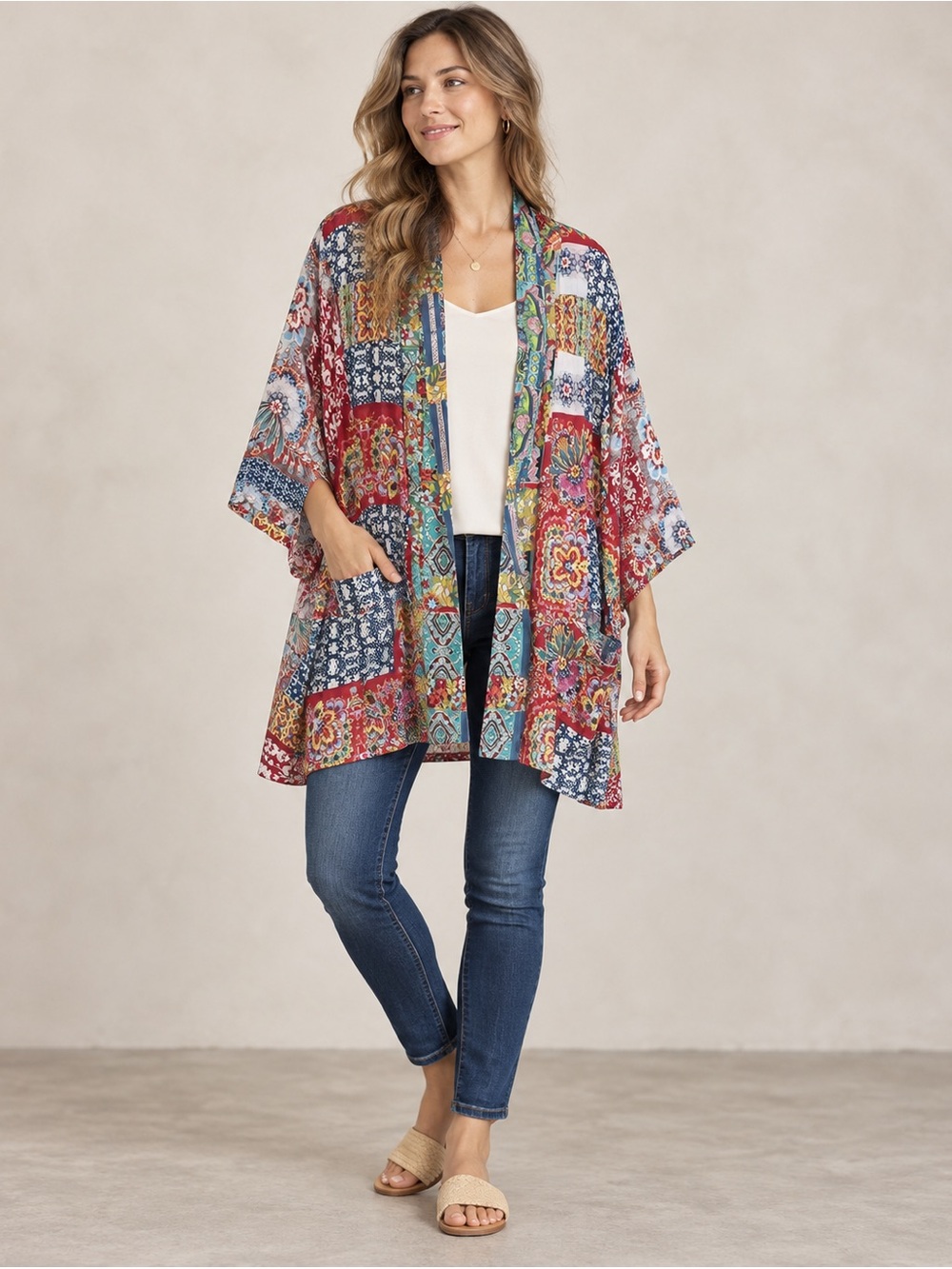 Johnny Was XL Patchwork Floral Kimono Open Front Cupra Rayon Cardigan